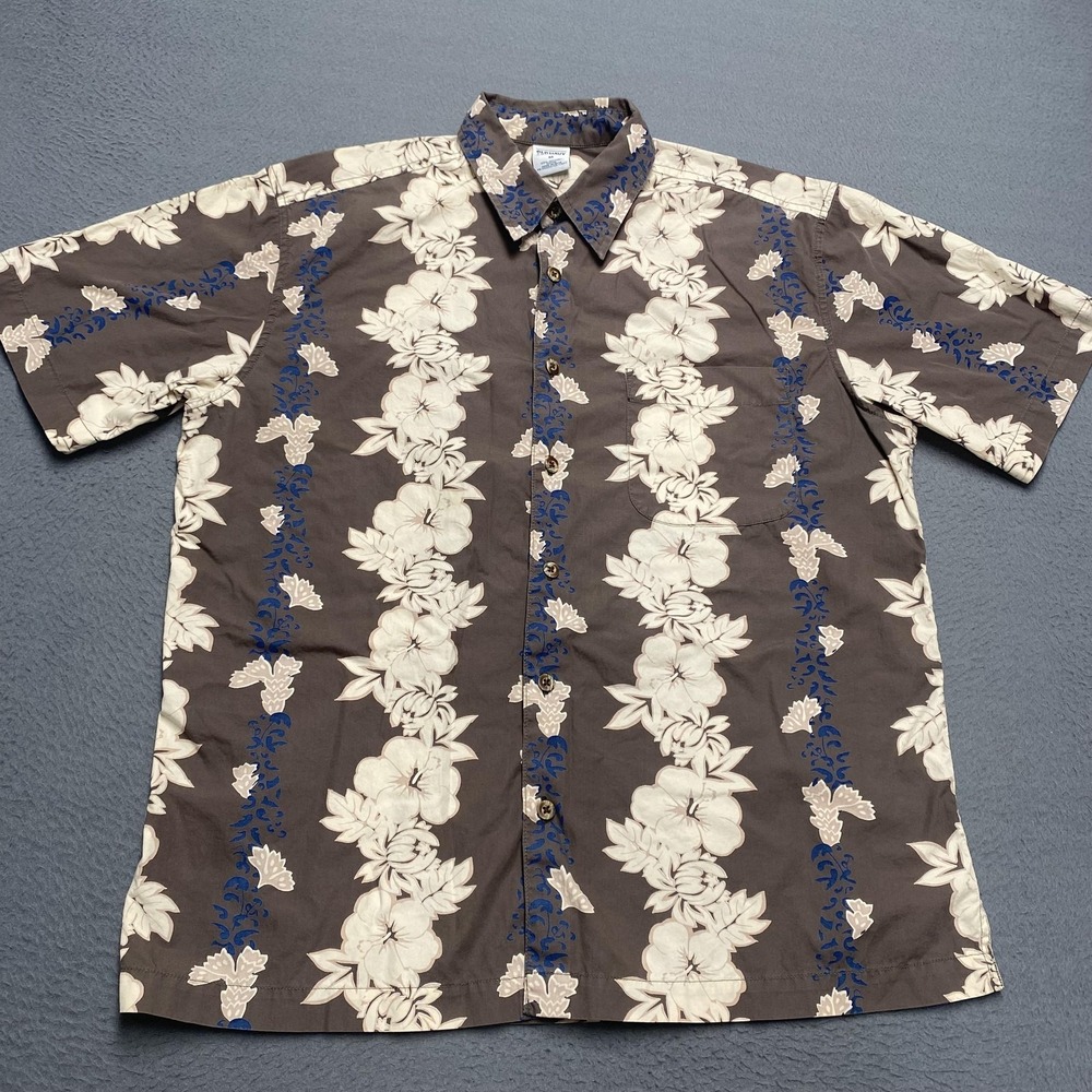 Old Navy Shirt Mens Medium‎ Brown Floral Hawaiian Short Sleeve Button Up Casual